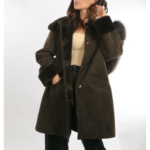Original Spanish Merino Shearling Fur Winter Hooded Coat Size 40 Cozy Jacket